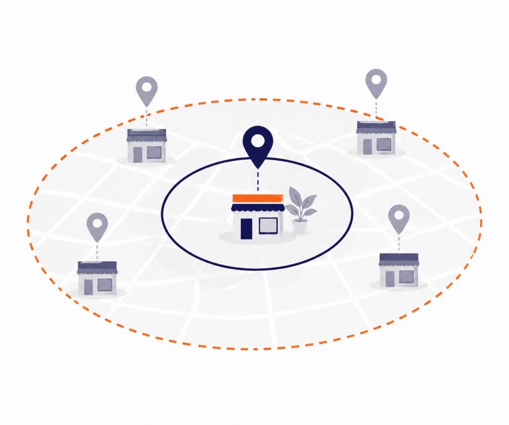 a graphic with one location in the middle and locations on the perimeter.