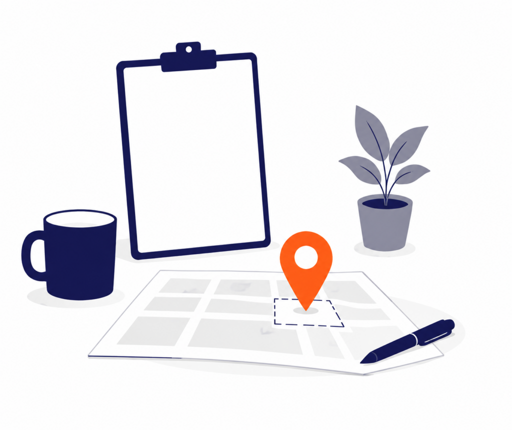 photo of map, pin, pen, coffee cup, and clip board.