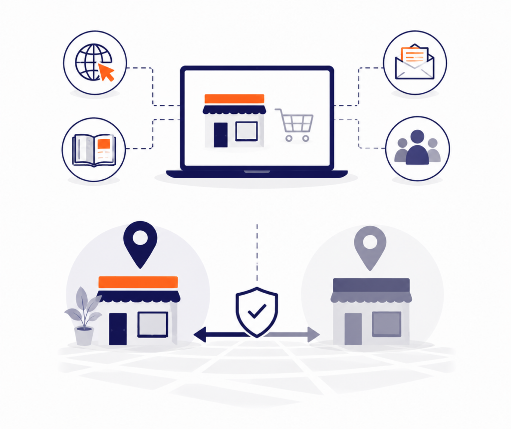 graphic of computer screen with different icons of people, locations, and storefronts.